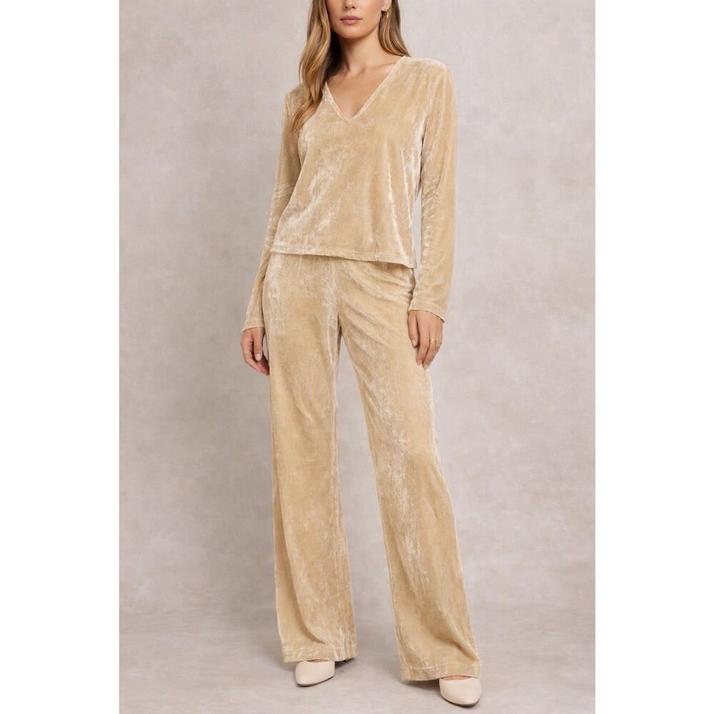 VTG Ralph Lauren Sport Velvet Lounge Set Womens Small Champagne V-Neck Top Pants